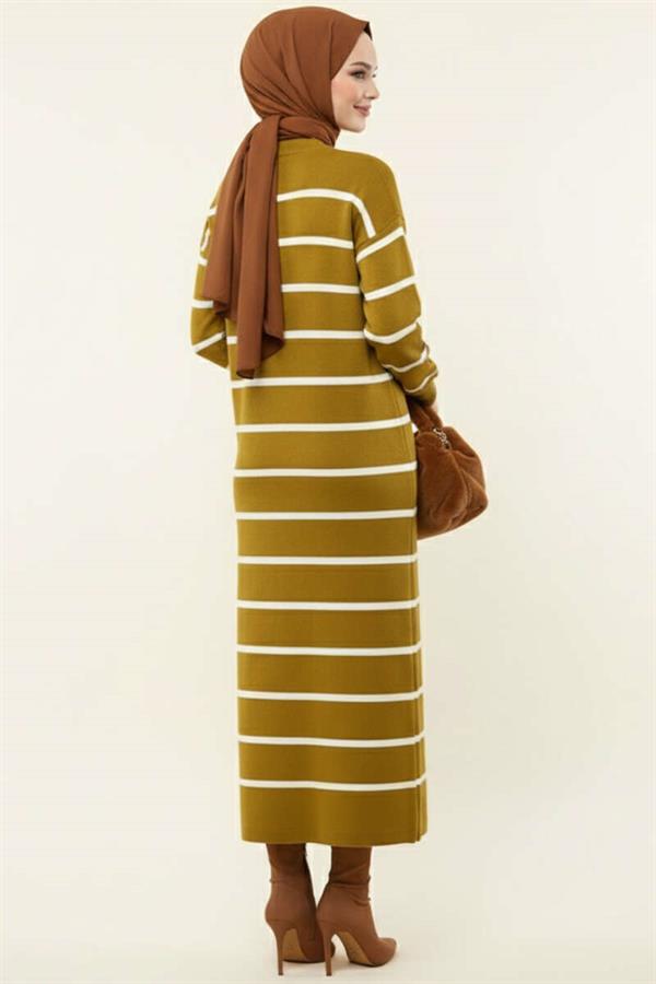 Horizontal Striped Turtleneck Knit Dress Oil Green