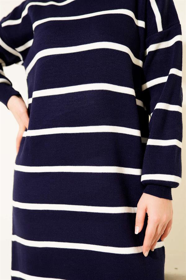 Horizontal Striped Turtleneck Knit Dress Navy Blue