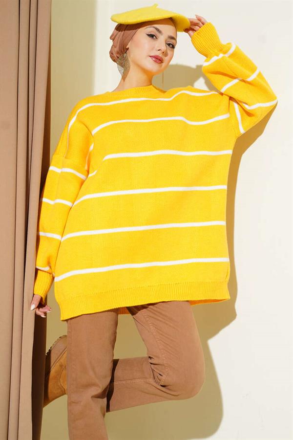 Horizontal Striped Balloon Sleeve Knit Tunic Yellow