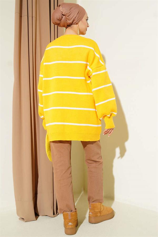 Horizontal Striped Balloon Sleeve Knit Tunic Yellow