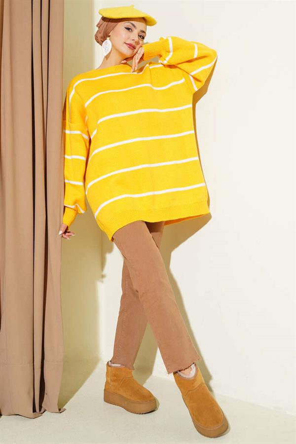 Horizontal Striped Balloon Sleeve Knit Tunic Yellow