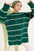 Horizontal Striped Balloon Sleeve Knit Tunic Emerald