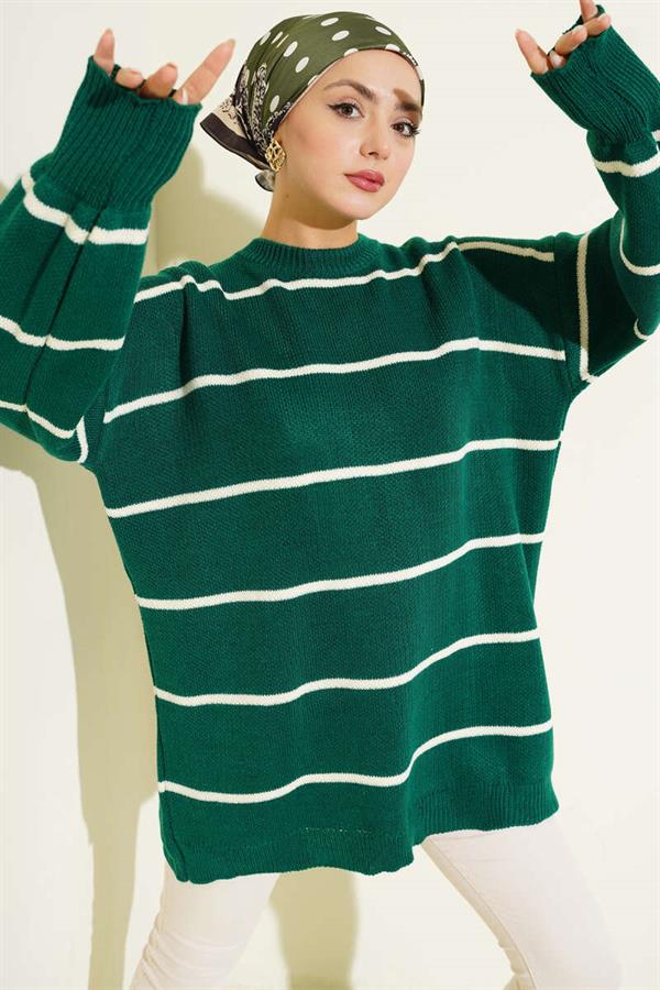 Horizontal Striped Balloon Sleeve Knit Tunic Emerald