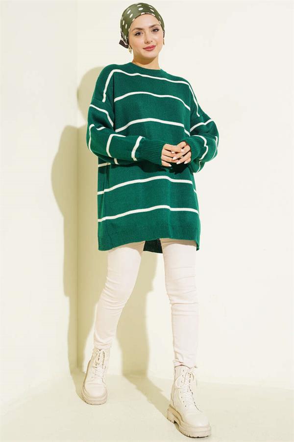 Horizontal Striped Balloon Sleeve Knit Tunic Emerald