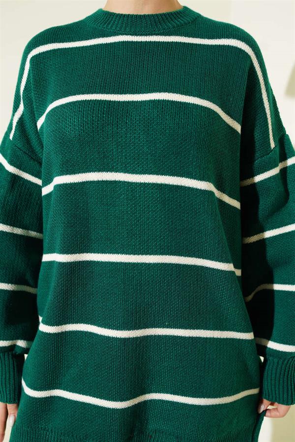 Horizontal Striped Balloon Sleeve Knit Tunic Emerald