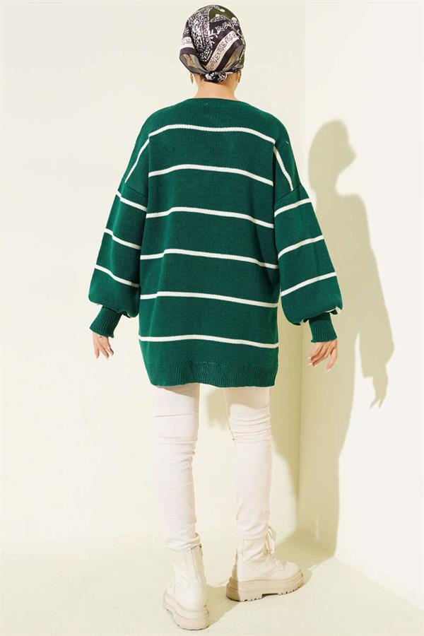 Horizontal Striped Balloon Sleeve Knit Tunic Emerald