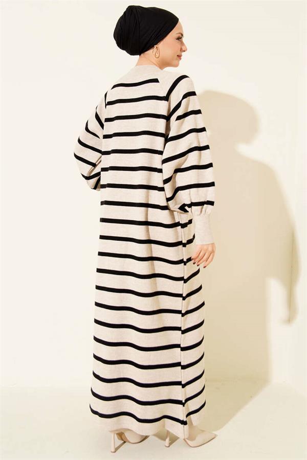 Horizontal Striped Basic Knit Dress Beige