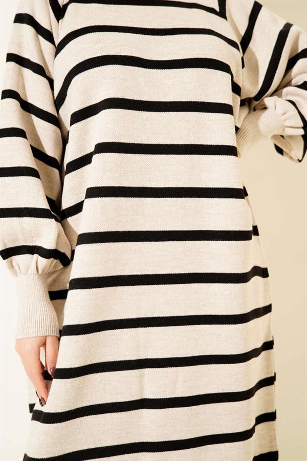 Horizontal Striped Basic Knit Dress Beige