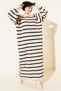 Horizontal Striped Basic Knit Dress Beige