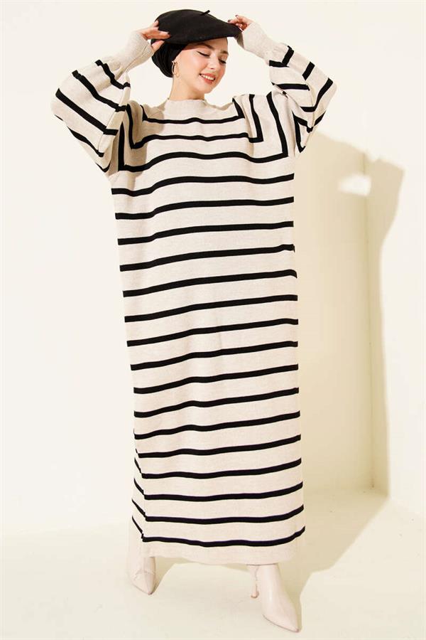Horizontal Striped Basic Knit Dress Beige