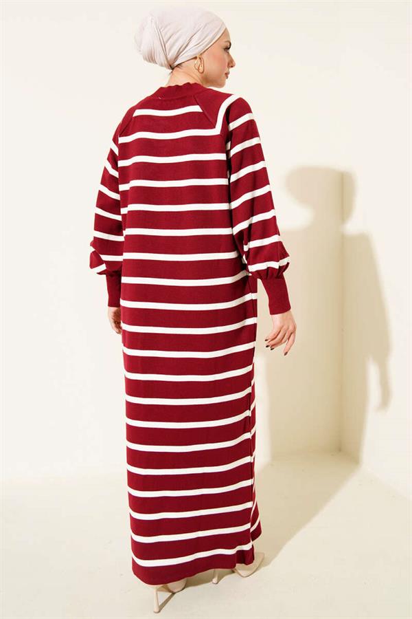 Horizontal Striped Basic Knit Dress Burgundy