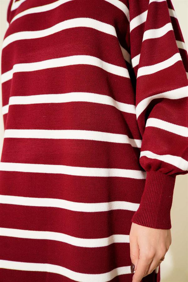 Horizontal Striped Basic Knit Dress Burgundy