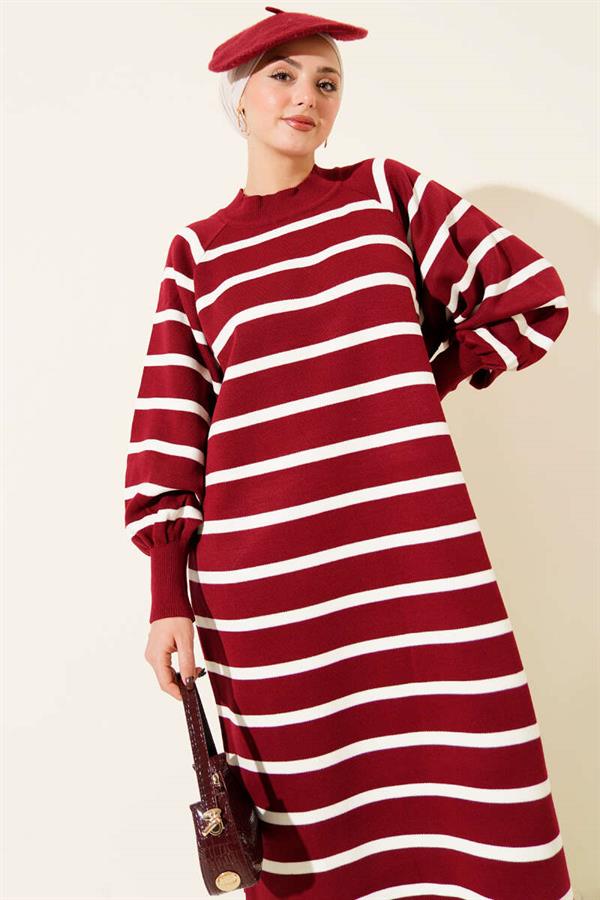 Horizontal Striped Basic Knit Dress Burgundy