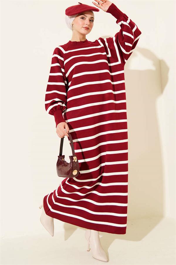 Horizontal Striped Basic Knit Dress Burgundy
