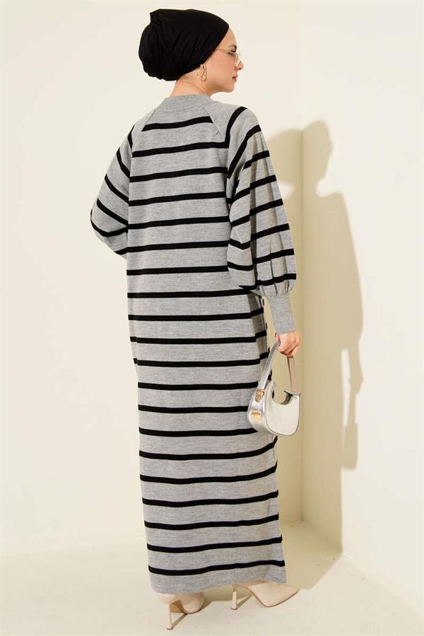 Horizontal Striped Basic Knit Dress Grey