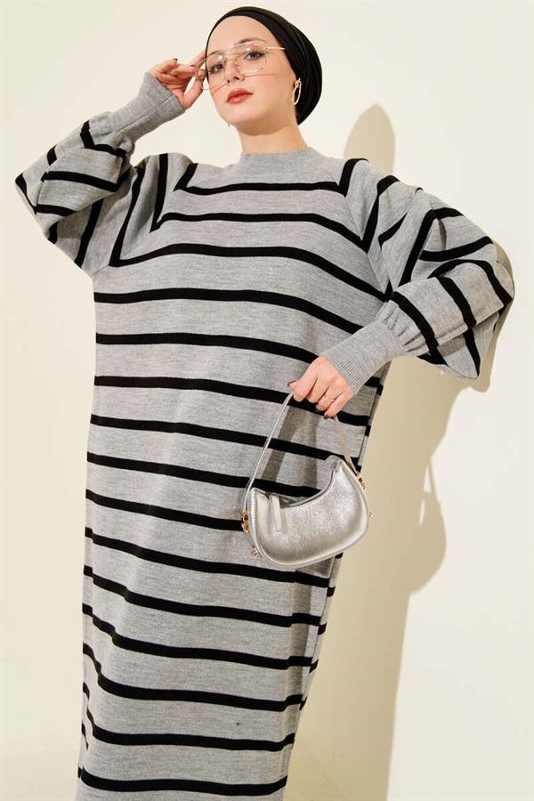 Horizontal Striped Basic Knit Dress Grey