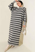 Horizontal Striped Basic Knit Dress Grey