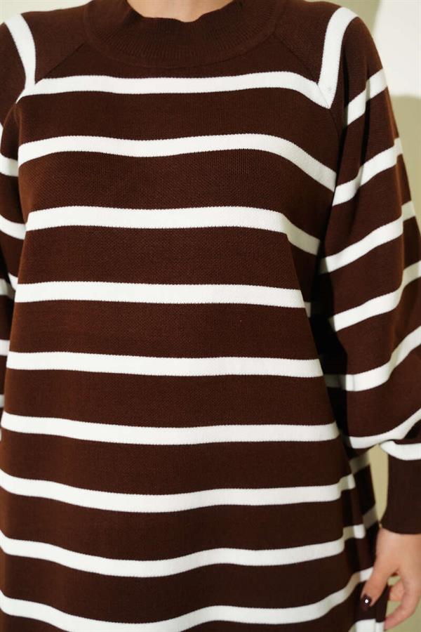 Horizontal Striped Basic Knit Dress Brown
