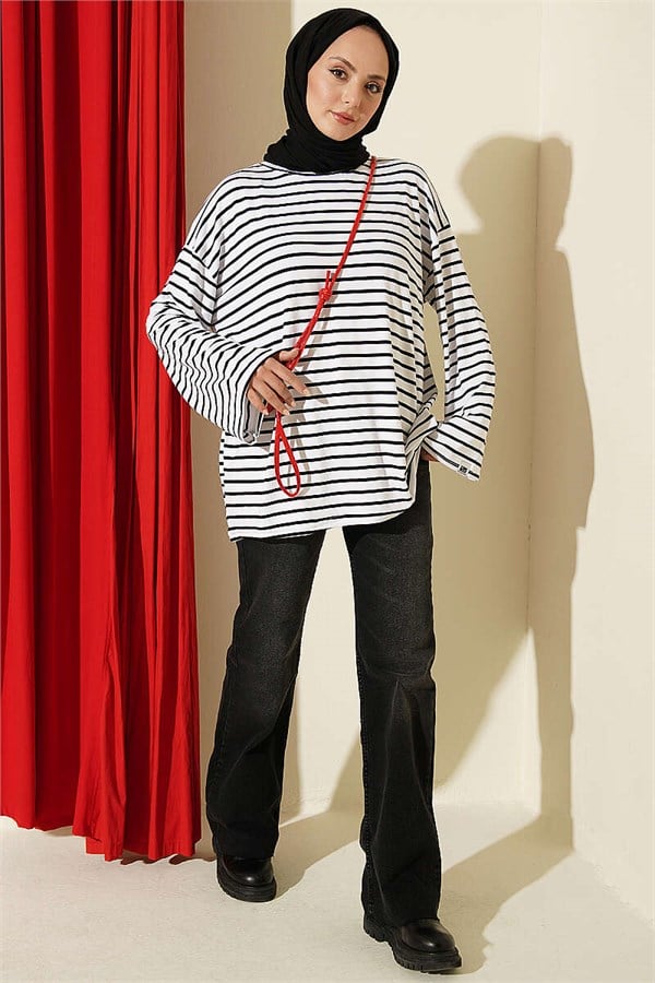 Horizontal Striped Viscose Tunic White