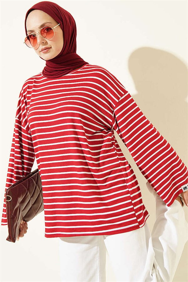 Horizontal Striped Viscose Tunic, Burgundy