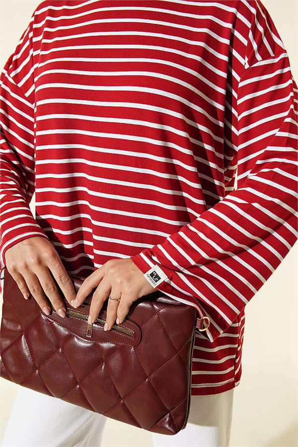 Horizontal Striped Viscose Tunic, Burgundy