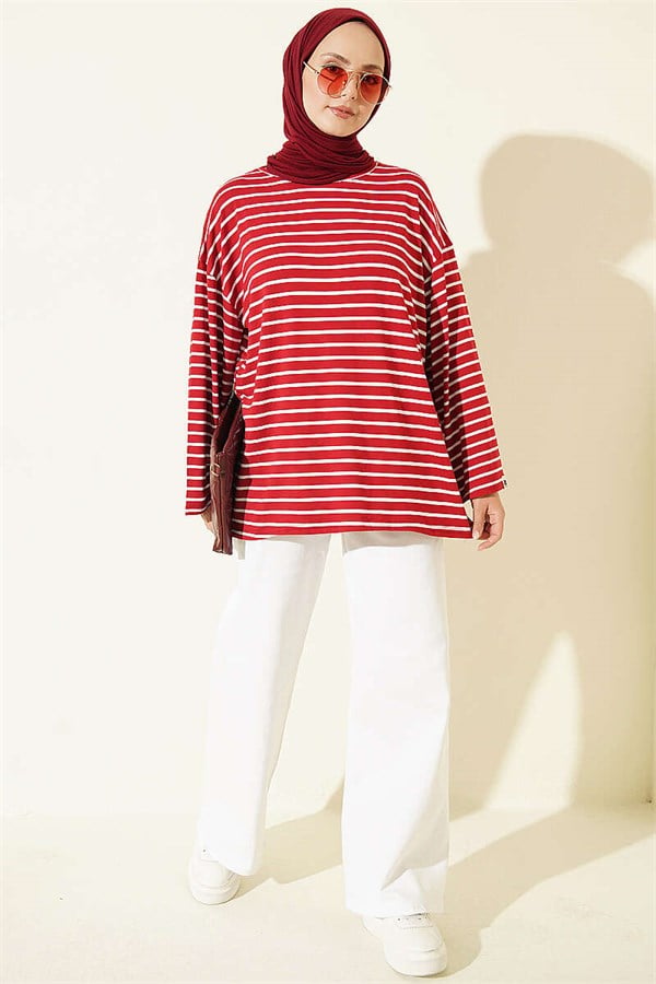 Horizontal Striped Viscose Tunic, Burgundy