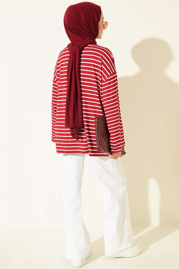 Horizontal Striped Viscose Tunic, Burgundy