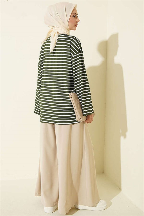 Horizontal Striped Viscose Tunic, Khaki