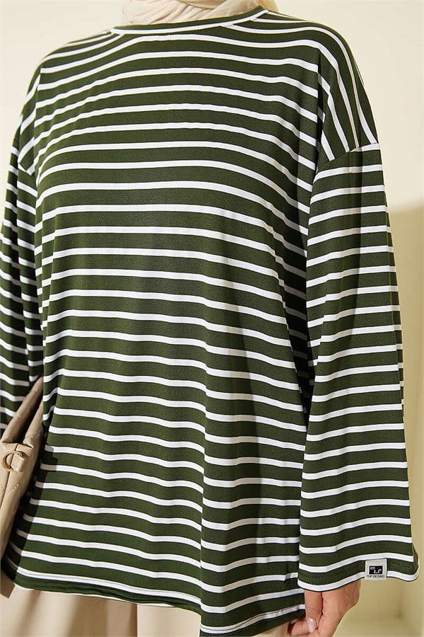 Horizontal Striped Viscose Tunic, Khaki