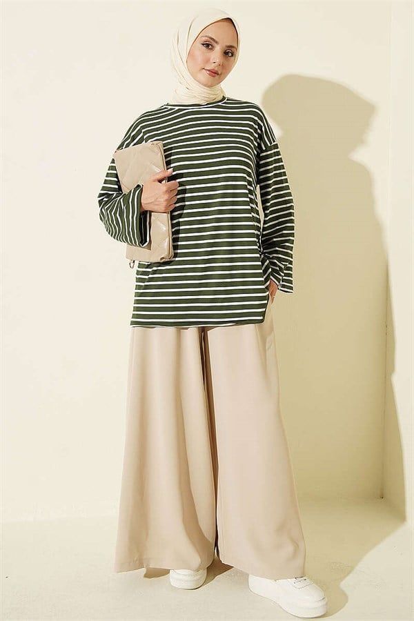 Horizontal Striped Viscose Tunic, Khaki
