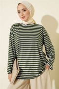 Horizontal Striped Viscose Tunic, Khaki