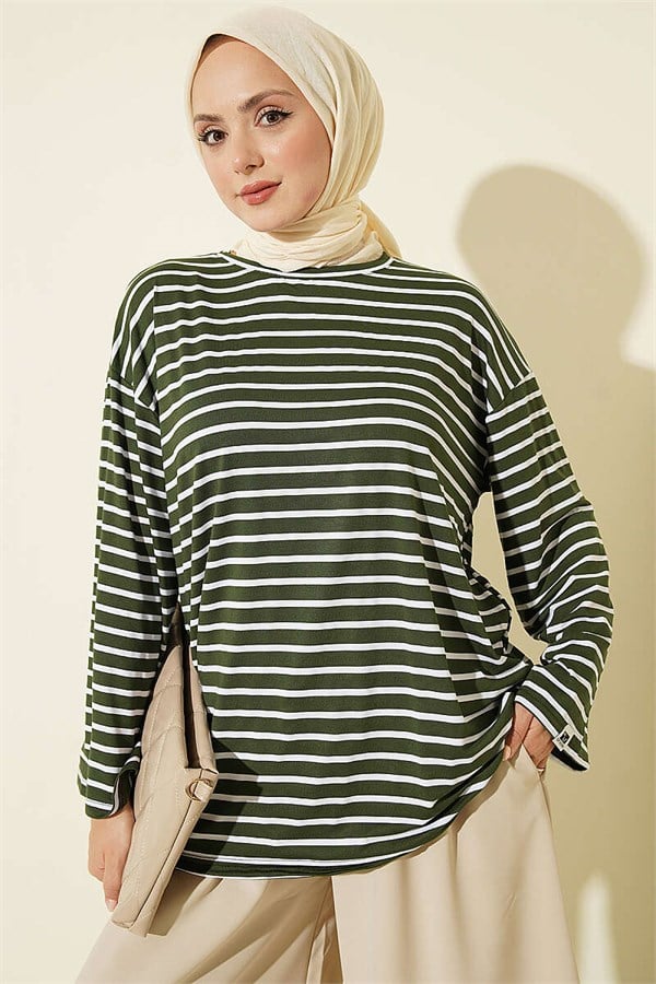 Horizontal Striped Viscose Tunic, Khaki