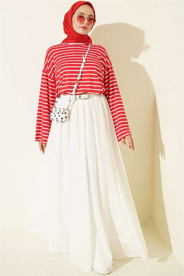 Horizontal Striped Viscose Tunic, Red