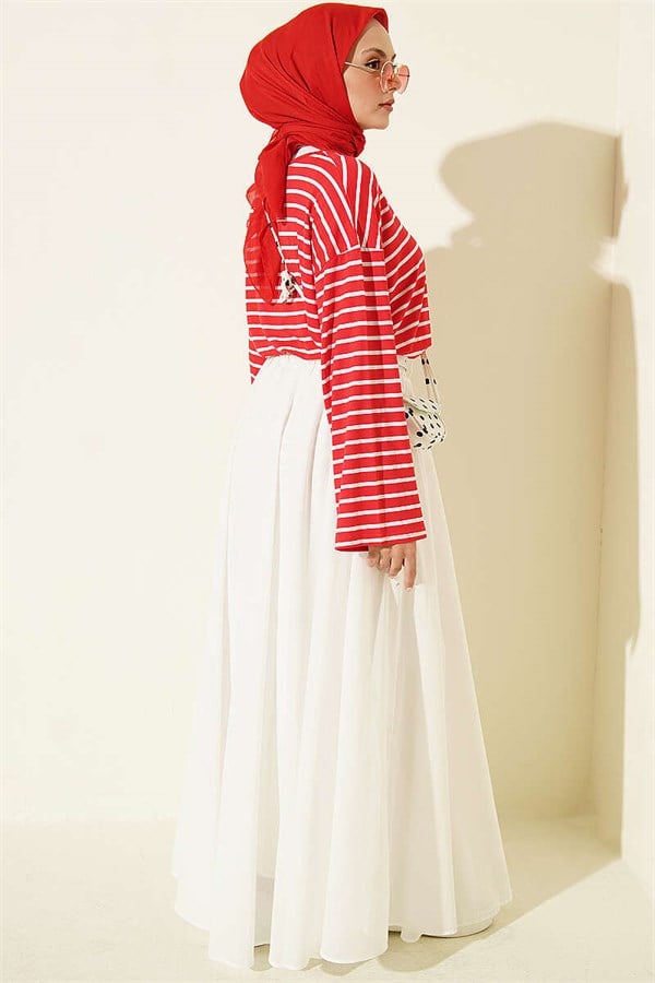 Horizontal Striped Viscose Tunic, Red