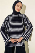 Horizontal Striped Viscose Tunic, Navy Blue