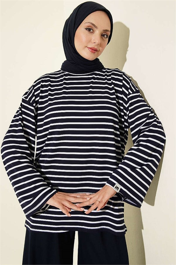 Horizontal Striped Viscose Tunic, Navy Blue