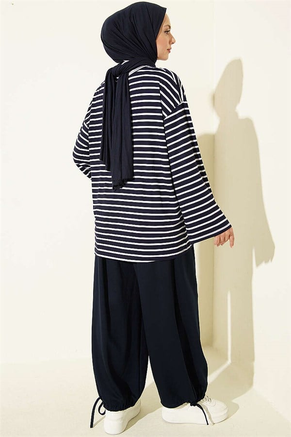 Horizontal Striped Viscose Tunic, Navy Blue