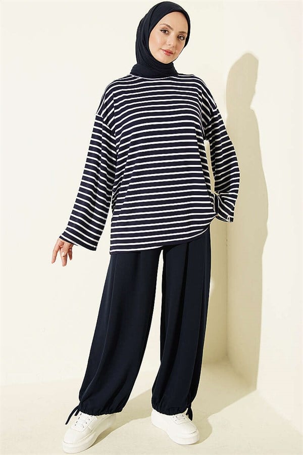 Horizontal Striped Viscose Tunic, Navy Blue