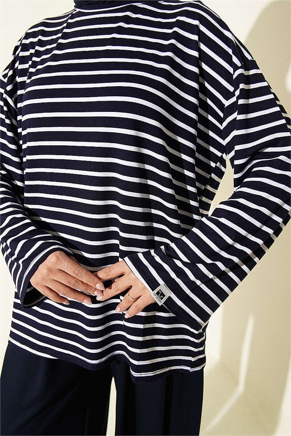 Horizontal Striped Viscose Tunic, Navy Blue