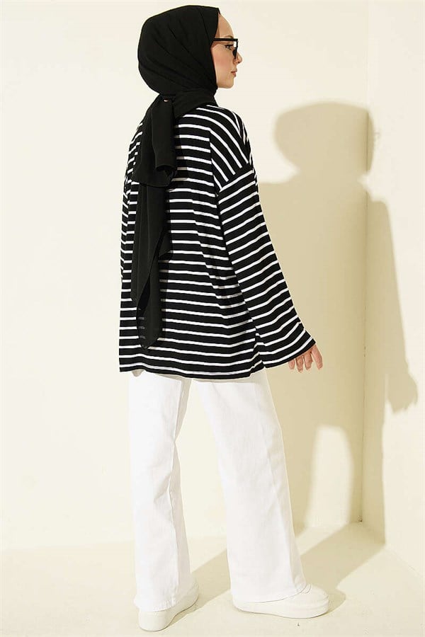Horizontal Striped Viscose Tunic, Black