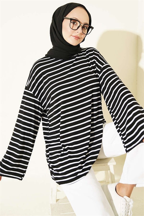 Horizontal Striped Viscose Tunic, Black