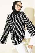 Horizontal Striped Viscose Tunic, Black