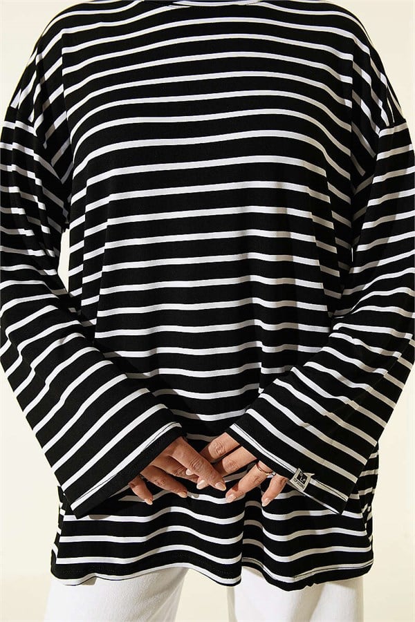 Horizontal Striped Viscose Tunic, Black