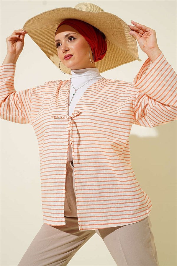 Horizontal Striped Lace-Up Kimono Orange