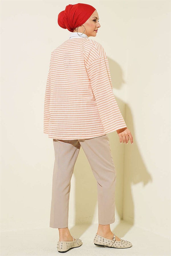 Horizontal Striped Lace-Up Kimono Orange