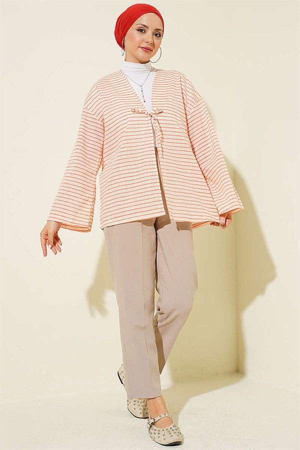 Horizontal Striped Lace-Up Kimono Orange