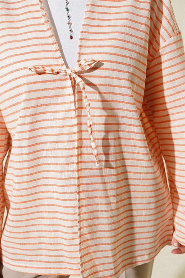 Horizontal Striped Lace-Up Kimono Orange