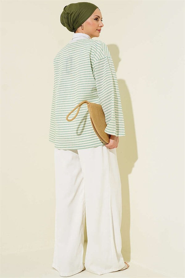 Horizontal Striped Lace-Up Kimono, Green