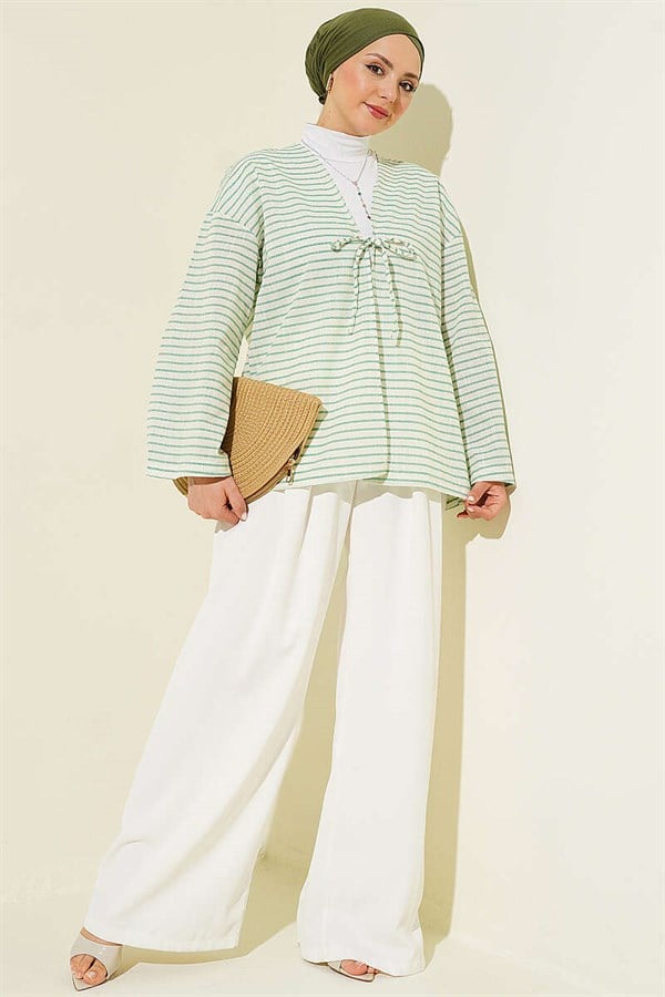 Horizontal Striped Lace-Up Kimono, Green