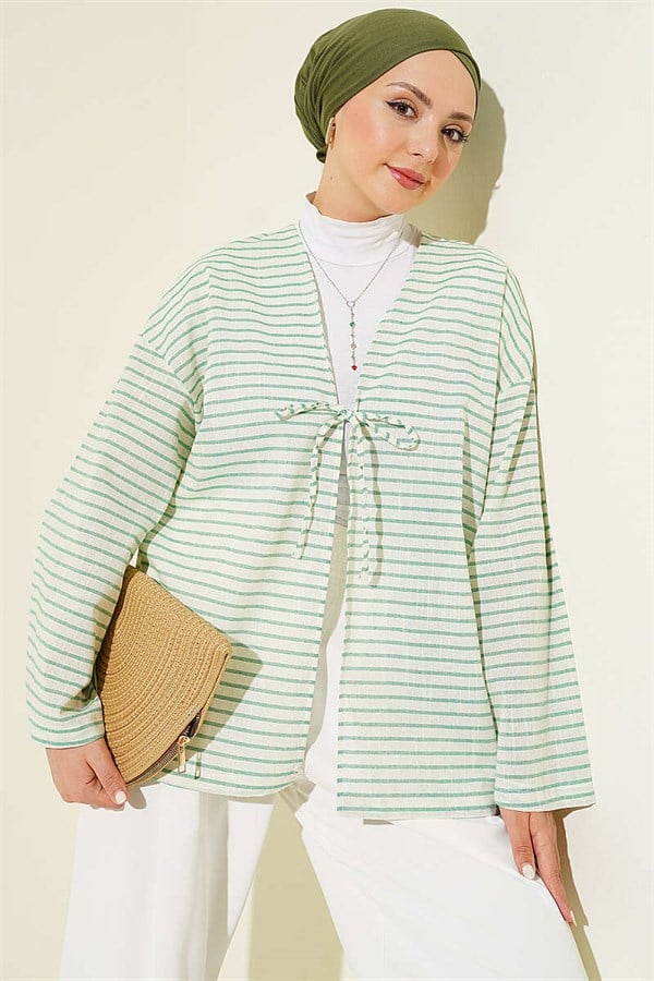 Horizontal Striped Lace-Up Kimono, Green